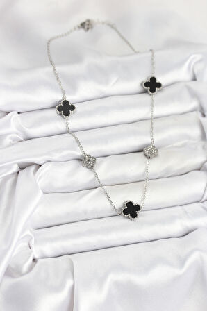 Zarif Kadın için Silver Çelik Zirkonlu Siyah Yonca Zincir Kolye