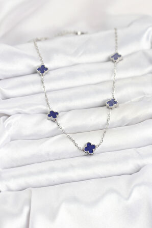 Zarif Kadın için Silver Çelik Lacivert Baby Boy Yonca Zincir Kolye