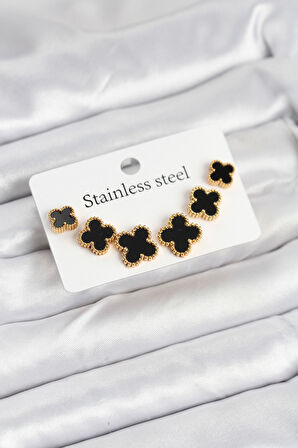 Zarif Kadın için Golden Çelik Siyah Üç Boy Yonca Küpe Seti