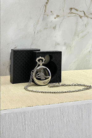 Büro Ev Ofis Hediyesi için Kutulu Silver Osmanlı Tuğralı Köstekli Saat