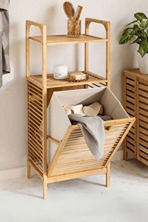 Büro Ev Ofis Dekoru için 40X35X95CM 2 Raflı Kumaş Hazneli Ahşap Kirli Çamaşır Sepeti
