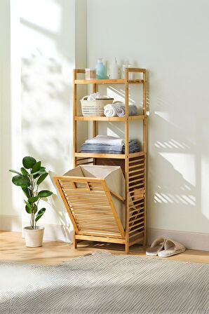Büro Ev Ofis Dekoru için 40X30X130CM 3 Raflı Kumaş Hazneli Ahşap Kirli Çamaşır Sepeti