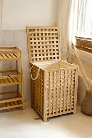 Büro Ev Ofis Dekoru için 45X45X62CM Kumaş Hazneli Ahşap Kirli Çamaşır Sepeti