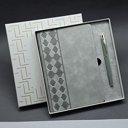 Büro Ev Ofis Hediyesi için Kutulu Gri Defter Metal Kalem Seti