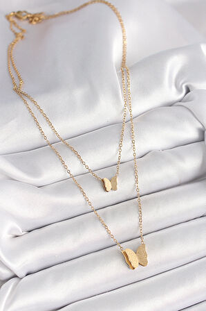 Zarif Boyunlar için Golden Çelik 2'Li Simli Kelebek Kadın Kolye