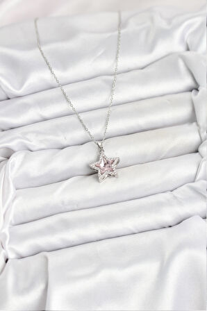 Zarif Boyunlar için Silver Çelik Zincirli Pembe Taşlı Yıldız Kadın Kolye