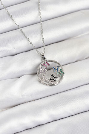 Zarif Boyunlar için Silver Çelik Zirkonlu Zincir Kelebekli Kadın Kolye