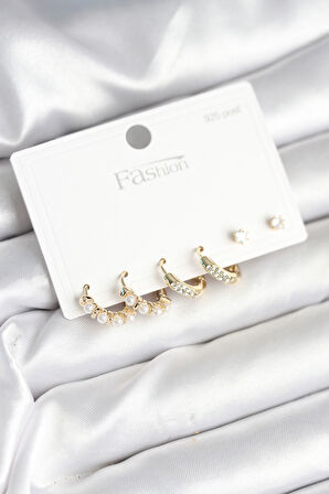 Zarif Kulaklar için Golden Pirinç Zirkonlu İncili 925 Silver Çivili Küpe Seti