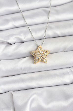 Zarif Boyunlar için Silver Çelik Zincir Zincirli Gold Yıldız Kadın Kolye
