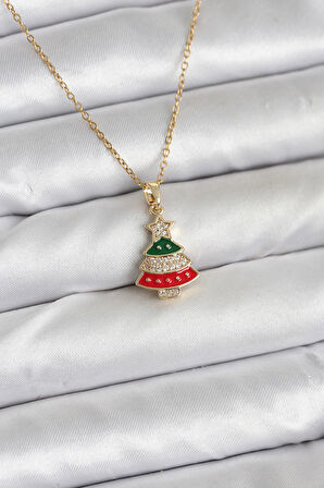 Zarif Boyunlar için Golden Çelik Ren Çam Ağacı Zirkonlu Yılbaşı Tema Kadın Kolye