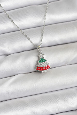 Zarif Boyunlar için Silver Çelik Ren Çam Ağacı Zirkonlu Yılbaşı Tema Kadın Kolye