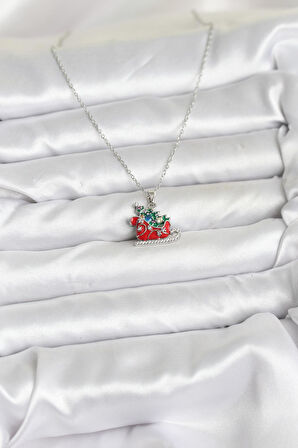 Zarif Boyunlar için Silver Çelik Zincir Kızak Çam Ağacı Yılbaşı Tema Kadın Kolye