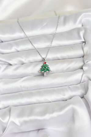 Zarif Boyunlar için Silver Çelik Zincir Çam Ağacı Yılbaşı Tema Kadın Kolye