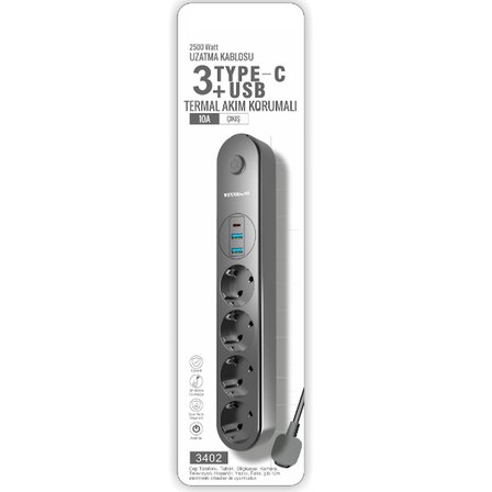 Büro Ev Ofis Cihazları için 4PRİZ USB Termal Akım Korumalı Uzatma Kablosu
