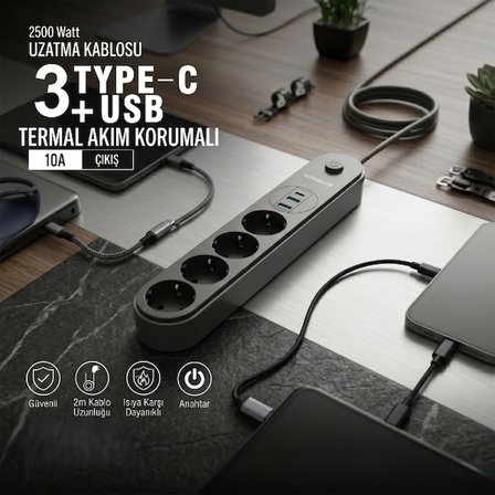 Büro Ev Ofis Cihazları için 4PRİZ USB Termal Akım Korumalı Uzatma Kablosu