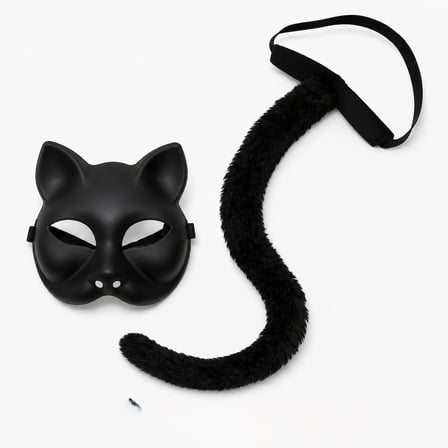 Büro Ev Ofis Etkinlik Gösteri Kedi Kostümü için 2PARÇA Siyah Maske 70CM Peluş Kuyruk Seti