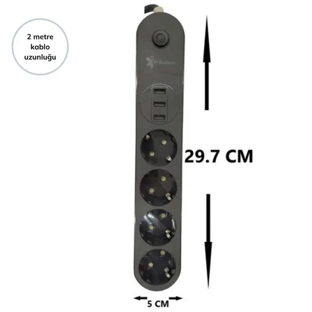 Büro Ev Ofis için 2MT 4PRİZ 3USB Siyah Anahtarlı Çocuk Akım Korumalı Topraklı Grup Priz