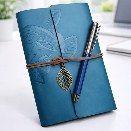 Büro Ev Ofis Hediyesi için 2PARÇA Yaprak Desen Deri Defter Lacivert Metal Roller Kalem Seti