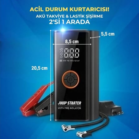 Büro Ev Ofis Kamp Keyfi için Powerbanklı Ekranlı Lambalı Akü Takviye Kompresörlü Lastik Pompası