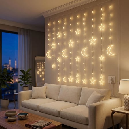 Büro Ev Ofis Bahçe Dekoru için 3MT Ay Yıldız Sarı Led Işıklı Perde Stil Aydınlatma