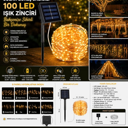 Büro Ev Ofis Bahçe Aydınlatması için Solar Şarjlı 100LED Gün Işığı Peri Led Işık