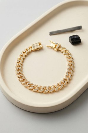 Bakımlı Erkek için Golden Pirinç Zirkonlu Cuban Klips Kapamalı Zincir Bileklik