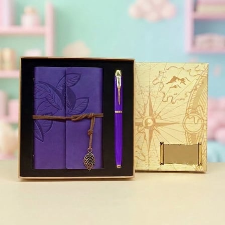 Büro Ev Ofis Hediyesi için Prestij Tip Yaprak Desenli Deri Defter Mor Metal Kalem Seti
