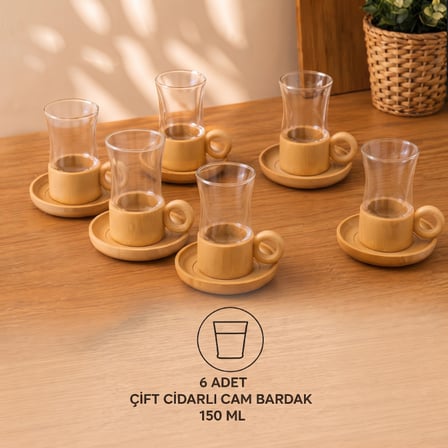Büro Ev Ofis Mutfağı için 12PARÇA 150ML Bambu Bardak Altlığı Çift Çidarlı Cam Çay Seti