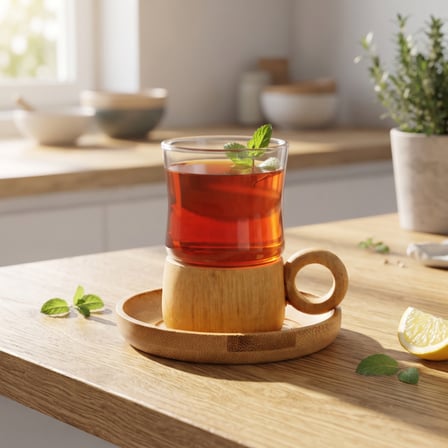 Büro Ev Ofis Mutfağı için 12PARÇA 150ML Bambu Bardak Altlığı Çift Çidarlı Cam Çay Seti