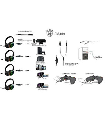 3D Stereo Sound GM-019 Rgb Kablolu Kulaküstü Işıklı Oyuncu Kulaklık3.5mm Jack