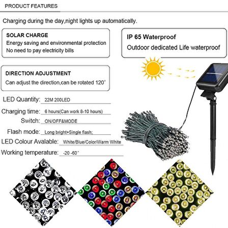 Solar Güneş Enerjili Dış Bahçe 8 Modlu 20Metre 200 Led Aydınlatma  