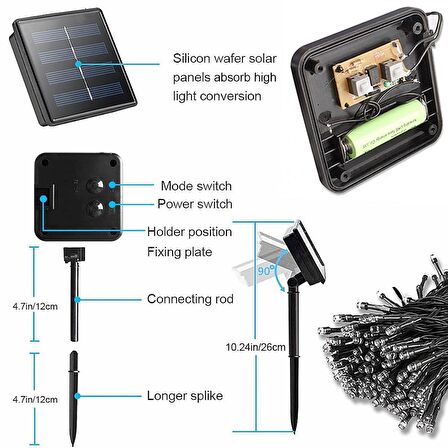 Solar Güneş Enerjili Dış Bahçe 8 Modlu 20Metre 200 Led Aydınlatma  