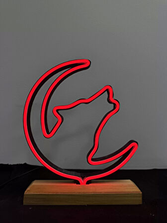 Kurt Figürlü Kırmızı Neon Gece Lambası