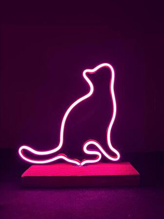 Kedi Figürlü Pembe Neon Gece Lambası