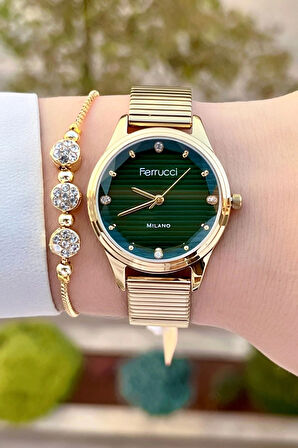 Ferrucci FCISTE302 Kadranı Yeşil Kordonu Gold Renk Hediye Paketli Kadın Kol Saati ve Bileklik