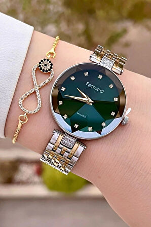 Ferrucci FCISTE312 Kadranı Yeşil Kordonu Gold Gümüş Renk Hediye Paketli Kadın Kol Saati ve Bileklik