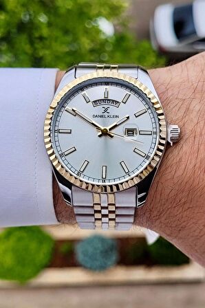 Daniel Klein DKISTE1170 Gold Gümüş Renk Hediye Paketli Takvim ve Gün Fonksiyonlu Erkek Kol Saati