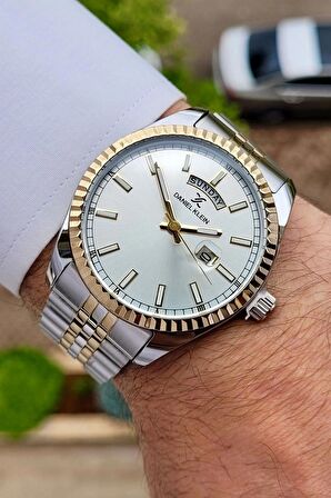 Daniel Klein DKISTE1170 Gold Gümüş Renk Hediye Paketli Takvim ve Gün Fonksiyonlu Erkek Kol Saati