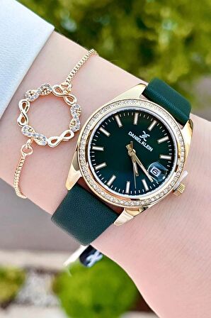 Daniel Klein DKISTE1203 Kasası Gold Kordonu Yeşil Renk Hediye Paketli Kadın Kol Saati ve Bileklik