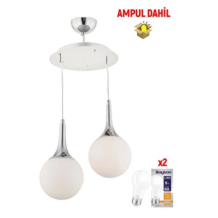 Damla 2Li Yuvarlak Krom -Led Ampul  Dahil Modern Koridor Mutfak Salon Sarkıt Avize