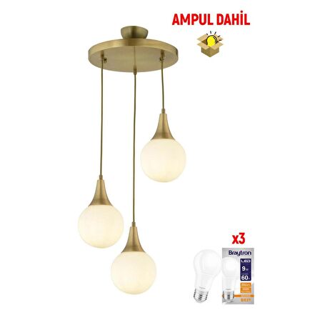 Damla 3 Lü Yuvarlak Eskitme -Led Ampul  Dahil Modern Koridor Mutfak Salon Sarkıt Avize