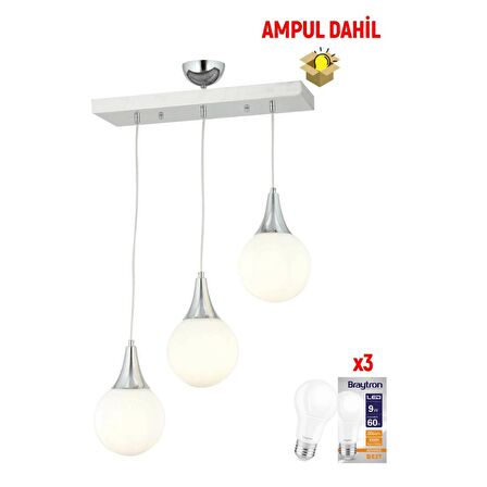 Damla 3 Lü Sıralı -Led Ampul  Dahil Modern Koridor Mutfak Salon Sarkıt Avize