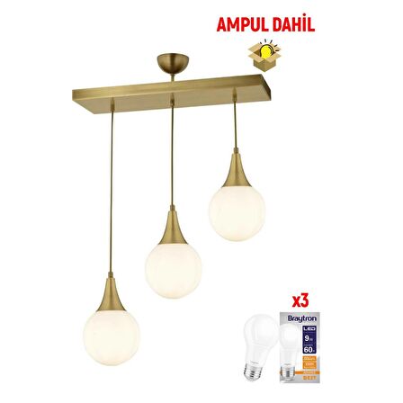 Damla 3 Lü Sıralı Eskitme -Led Ampul  Dahil Modern Koridor Mutfak Salon Sarkıt Avize
