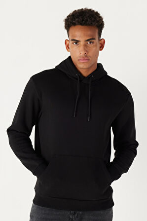 Erkek Siyah Standart Fit Normal Kesim Içi Polarlı 3 Iplik Kapüşonlu Pamuklu Sweatshirt