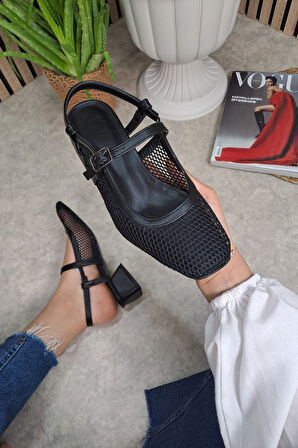 Günlük Kadın Babet Fileli Küt Burunlu Alçak Topuklu Tek Bantlı Ayarlanabilir Toka Tırtıklı Taban 307