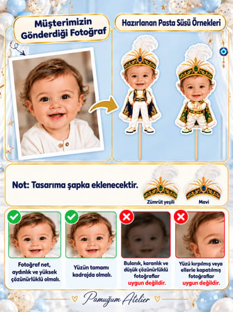 Pamuğum Atelier (6 Adet) Kişiye Özel Fotoğraflı Sünnet Temalı Cupcake Süsü Bebek, Çocuk Pasta Süsü