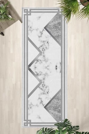 Klasik Silver Mermer Yıkanabilir Kaymaz Taban Dijital Baskılı Yolluk Halı Açık Gri