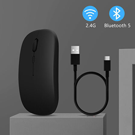 Apple İpad Şarj Edilebilir Sessiz Mouse Bluetooth + 2.4Hz Wifi Kablosuz Mouse Fare