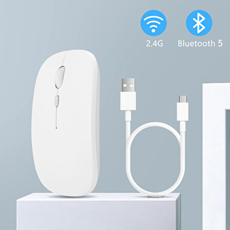 Samsung Tablet Şarj Edilebilir Sessiz Mouse Bluetooth + 2.4Hz Wifi Kablosuz Mouse Fare