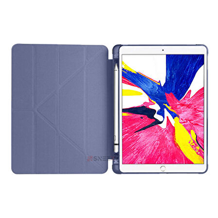 Apple iPad 9.Nesil 10.2 İnç 2021 Uyumlu Üçgen Katlanabilir Kalemlikli Standlı Akıllı Kılıf